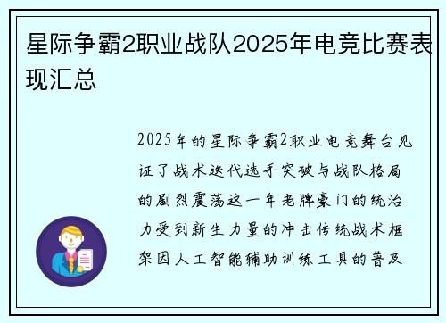星际争霸2职业战队2025年电竞比赛表现汇总